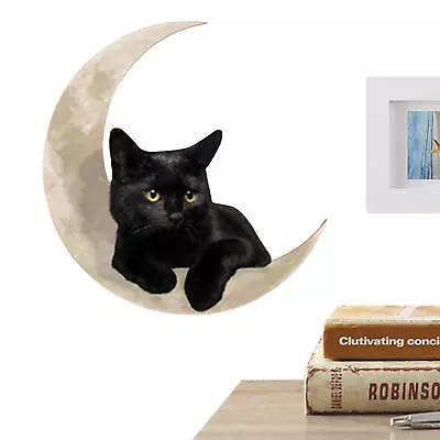 Cat Moon Metal Wall Art Black Cat On White Moon Ornament Wall Sculpture Decor • £12.53