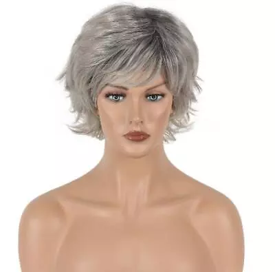 Women Natural Short Grey Dark Root Wavy Curly Pixie Cut Wig Hair Wigs Cosplay • $12.99