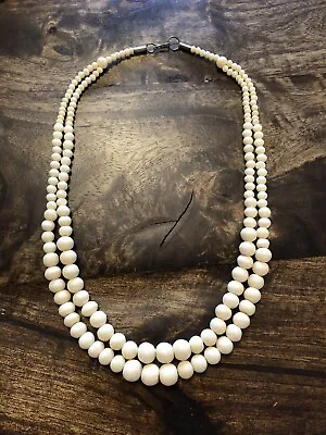 Vintage Double Strand Ivory Colored Stone Or Bone Beaded Necklace W/ Hook Clasp • $15