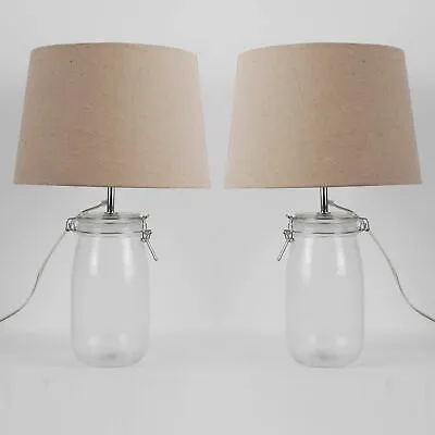 £29.99 • Buy Set Of 2 Modern Glass Jar Design 44cm Table Lamp Bedside Lights Linen Shades