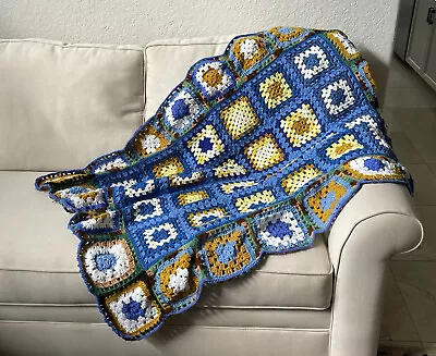 Vintage Crocheted Granny Square Throw Afghan Blanket Approximately 50”x60” • $60