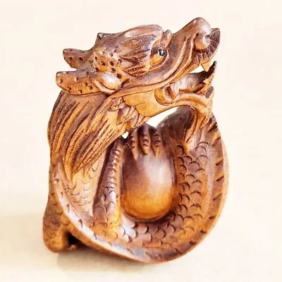 M8724 : 2  Hand Carved Boxwood Netsuke Figurine Carving - Dragon With Pearl • £25.19