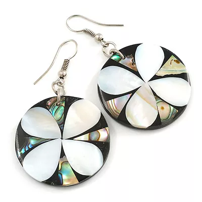 50mm L/Black/Silvery/Abalone Round Shape Sea Shell Earrings/Handmade/ Slight • £10.99