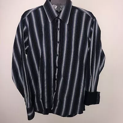 Men’s Large Button Shirt Blue Gray Flip Cuff Embroidered • $15