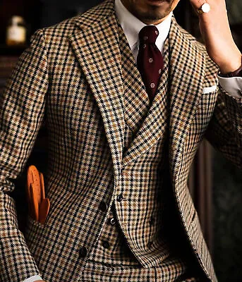 Brown Plaid Men Suit Notch Lapel Formal Party Prom Groom Tuxedo Wedding Suits • $98.56