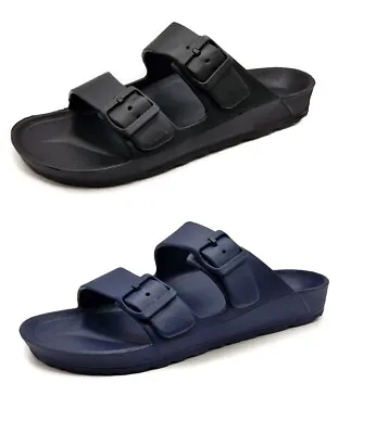 Mens Double Buckle Sliders Flat Slip Summer Ladies Beach Sandals Size UK 7-12 • £12.99