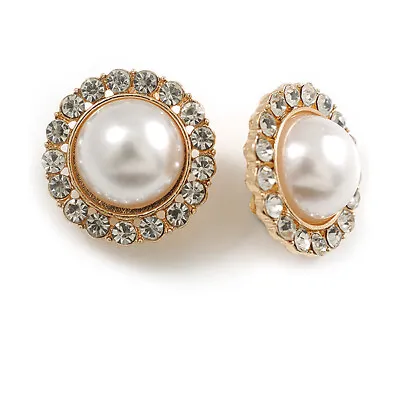 25mm D/ Round Faux Pearl Clear Crystal Clip On Earrings In Gold Tone • £12.90
