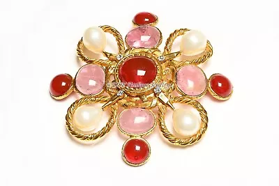 Vintage 1990's Chanel Paris Maison Gripoix Pink Red Glass Pearl Pendant Brooch • $4500