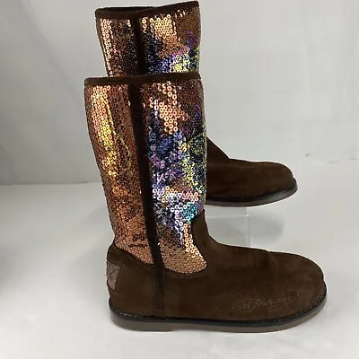 Ed Hardy Womens 6 Brown Sequin Rainbow Tiger Print Suede Leather Boots • $29.99