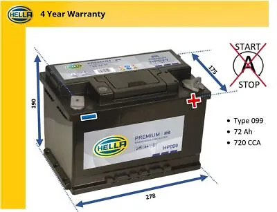 Hella Premium Car Battery HP099 Type 099 72AH 720 CCA 4 Year Warranty • £86.90