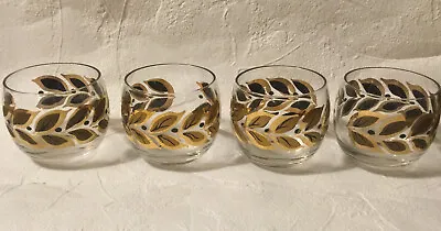 Vintage Mid-Century Golden Foliage Whiskey Old Fashioned Glass Tumbler Set Of 4 • $28