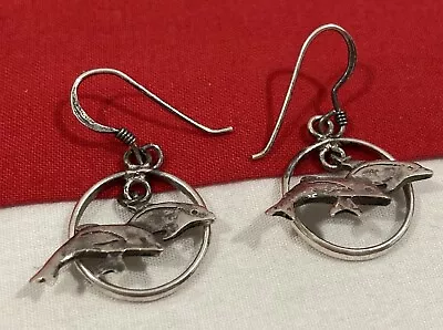 Vintage 925 Sterling Silver Signed Dolphins Jumping Through Hoop Dangle EARRINGS • $19.95