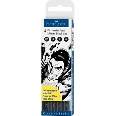 Faber Castell Pitt Artist Pens - Black - 4 Pen Wallet - MANGA • £11.85