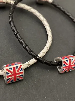 £4.50 • Buy 2 Union Jack Charms On Black And White Leather Bracelets (set Of 2)