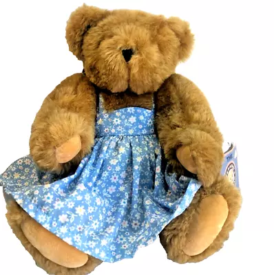 Vintage 16  Brown Vermont Teddy Bear Girl Blue Floral Dress NWT Jointed Toy Gift • $9.75