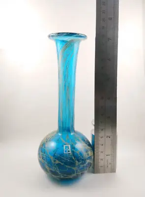 Mdina Maltese Blue & Yellow Streaks Glass Vase Signed With Label  C1990s 18cm • £25