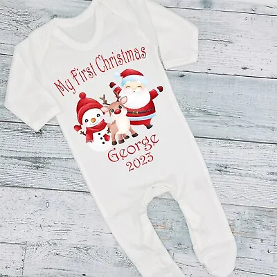 Personalised First Christmas Santa Snowman Reindeer 2024 Baby Bib Vest Grow Tee • £7.99