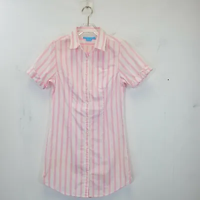 $23.59 • Buy ISLAND COMPANY Women's White Pink Top Blouse XS Striped Collared Short Sleeve