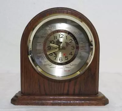 GMT Desk Clock World Time Verichron Quartz Oak Wood Mantle Working! Test Video! • $24.98