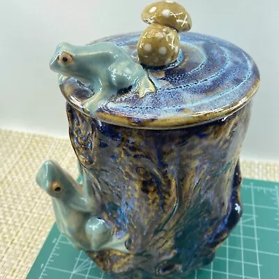 2 Green Frogs W/Mushrooms On A Log Blue Glazed Majolica Ceramic Cookie Jar VTG • $42