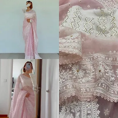 $75.89 • Buy Ethnic Indian New Organza Pink Festive Saree Designer Party Wear Sari Blouse