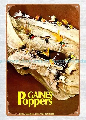 1968 Gains Poppers Fishing Lure Metal Tin Sign Home Decor Shopping Plaque • $18.99