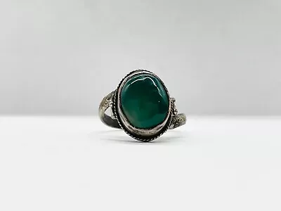 Vintage Solid Sterling Silver Danish Green Gem Set Modernist Ladies Ring Size Q • £19.99