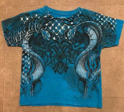 Vtg Elite MMA Youth Boys All Over Print Blue Sz 8 T Shirt Y2K Affliction Style • $16.78