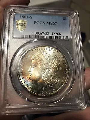 1881-S Morgan Dollar PCGS MS 67 Silver Dollar Rainbow Toning ( GOLD SHIELD ) • $1595