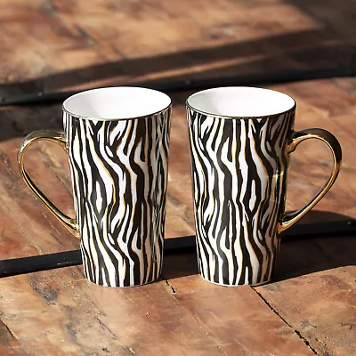 Set Of 2 Large Zebra Animal Print Tall Latte Mugs Hot Drinks Tea Coffee Cups • £27