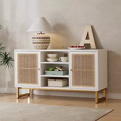 47  Mid Century Modern TV Stand White With Adjustable Shelf Rattan Sideboard • $250.86