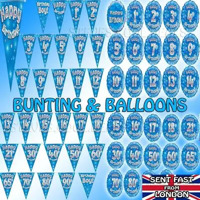 BLUE Happy Birthday Bunting Flags Banners Balloon Age 1st - 90th BOY DAD SON • £3.23