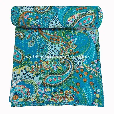 £29.69 • Buy Indian Kantha Quilt Turquoise Paisley Reversible Bedspread Blanket Throw