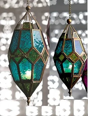 £21.95 • Buy Moroccan Hanging Coloured Tonal Glass Lantern Tea Light Holder Home Garden Gift 