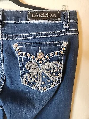 LA Idol Jeans Juniors Size 15 Thick Stitch Embroidered Rhinestones Straight Leg • $25