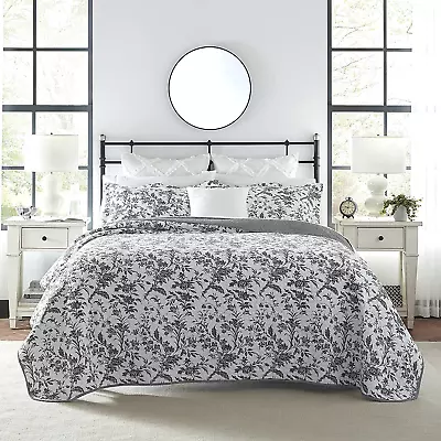 LAURA ASHLEY Amberley Toile KING QUILT SET Floral Reversible Cotton White Black • £115.81