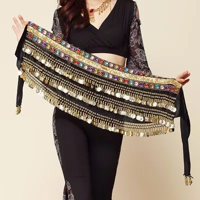 Egypt Dancing Hip Scarf Belly Dance Velvet & Coins Belt Wrap Skirt Summer Party • £15.58