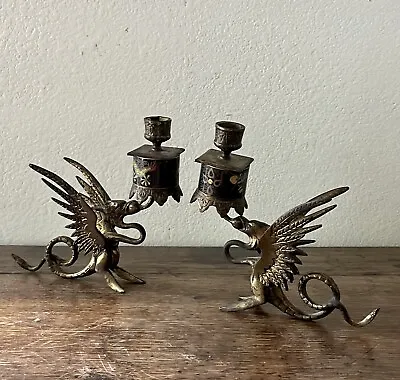 Vintage Pair Of Brass Dragon Cloisonne Candle Stick Holders • $100