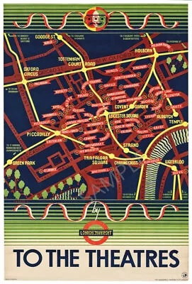 Vintage Railway Poster London Theatres Underground Tube Line Map Art PRINT A4 A3 • £5.99