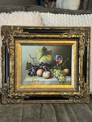 Vintage Signed Oil On Board Fruit Bowl Table Painting 15”x17” Framed Still Life • $125