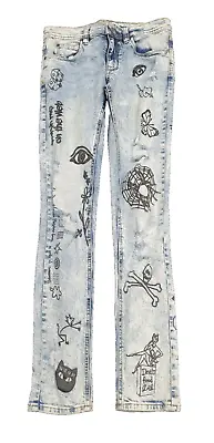 Men's Rogue Skinny Jeans (30W) Acid Wash Blue Graffiti Zip Close • $24.99