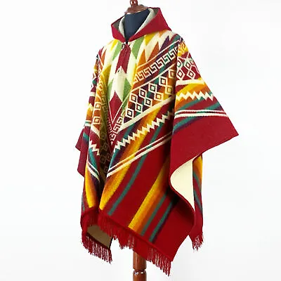 Alpaca Wool Hooded Poncho Unisex Aztec Pattern All Seasons Boho Hippie XXL RED • $129.95