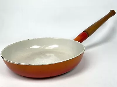 Vintage Descoware Flame Orange Fry Pan WOOD HANDLE Mid Century Enamel Cast Iron • $24.44