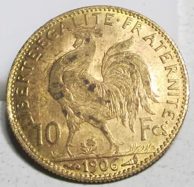 1906 France Rooster Gold 10 Francs **xf+** Rare French Coin. • $109.50