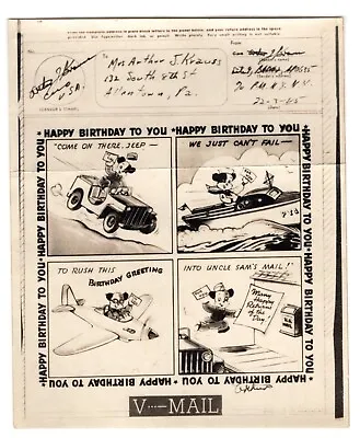1945 WWII Illustrated V-Mail - APO 635 Cartoon Happy Birthday • $17.50
