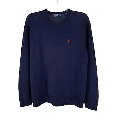 $58 • Buy Vintage POLO Ralph Lauren Sweater V-Neck Navy Blue Jumper Mens L