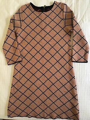 $12.50 • Buy Size M 12 Zara Knit Dress Knee Length Geo Design Red Black Ivory Round Neck