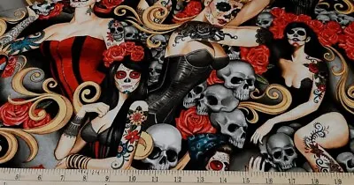 ALEXANDER HENRY Fabric - LAS ELEGANTES - Mexican Day Of The Dead - 25  Remnant • $6.25