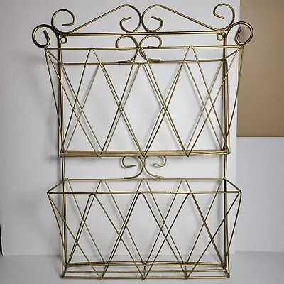 Vintage MCM Metal Wire Wall Hanging Magazine Rack Scroll Top 2 Tier 20  X 13  • $75