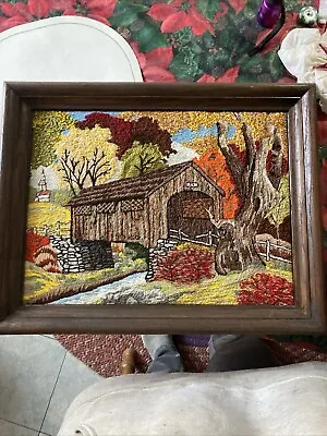 Vintage Finished Framed Punch Embroidery Covered Bridge Over Water Country Scene • $40